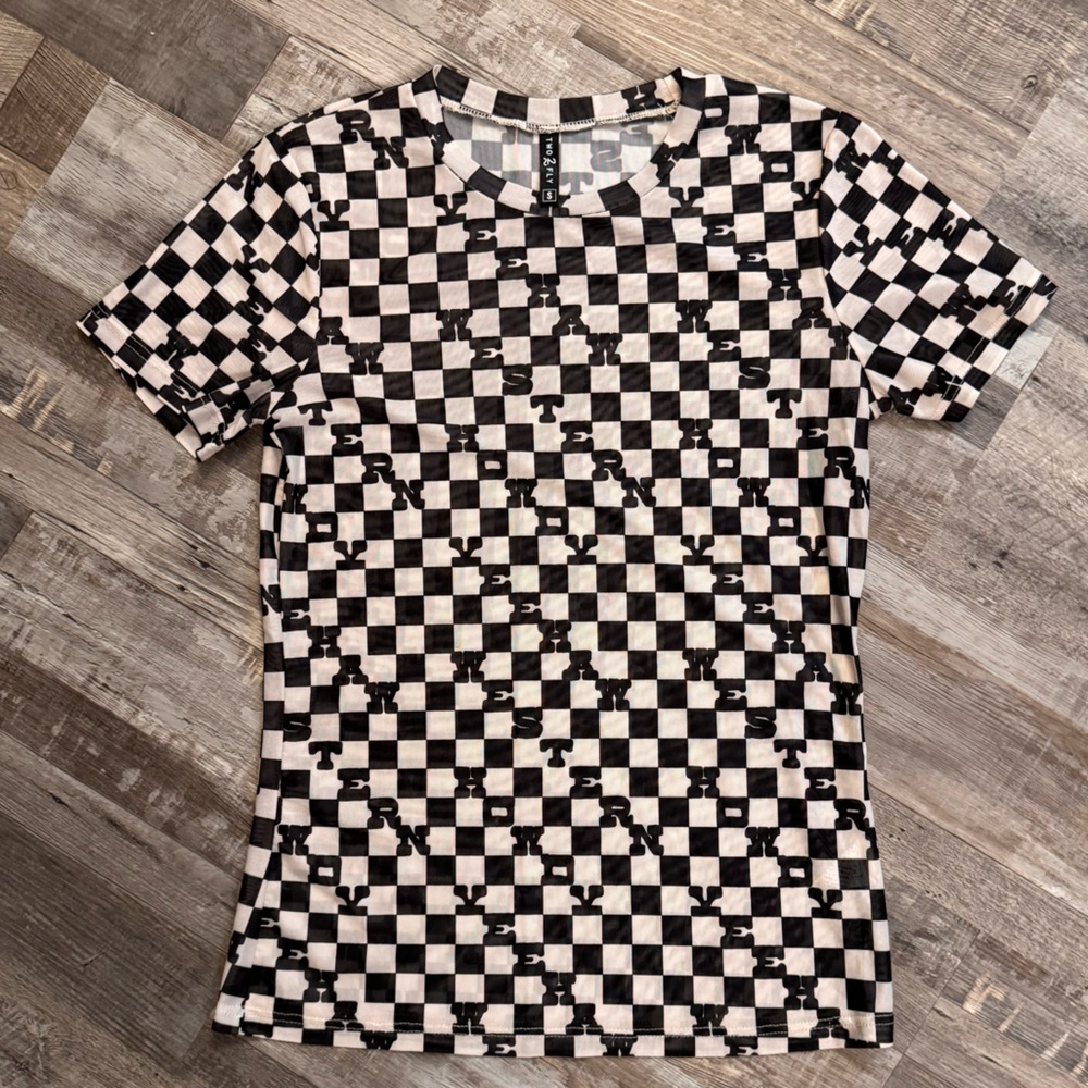 Two 2 Fly Mesh Shirt Size Small HOWDY, WESTERN, YEEHAW checkered Sheer Top